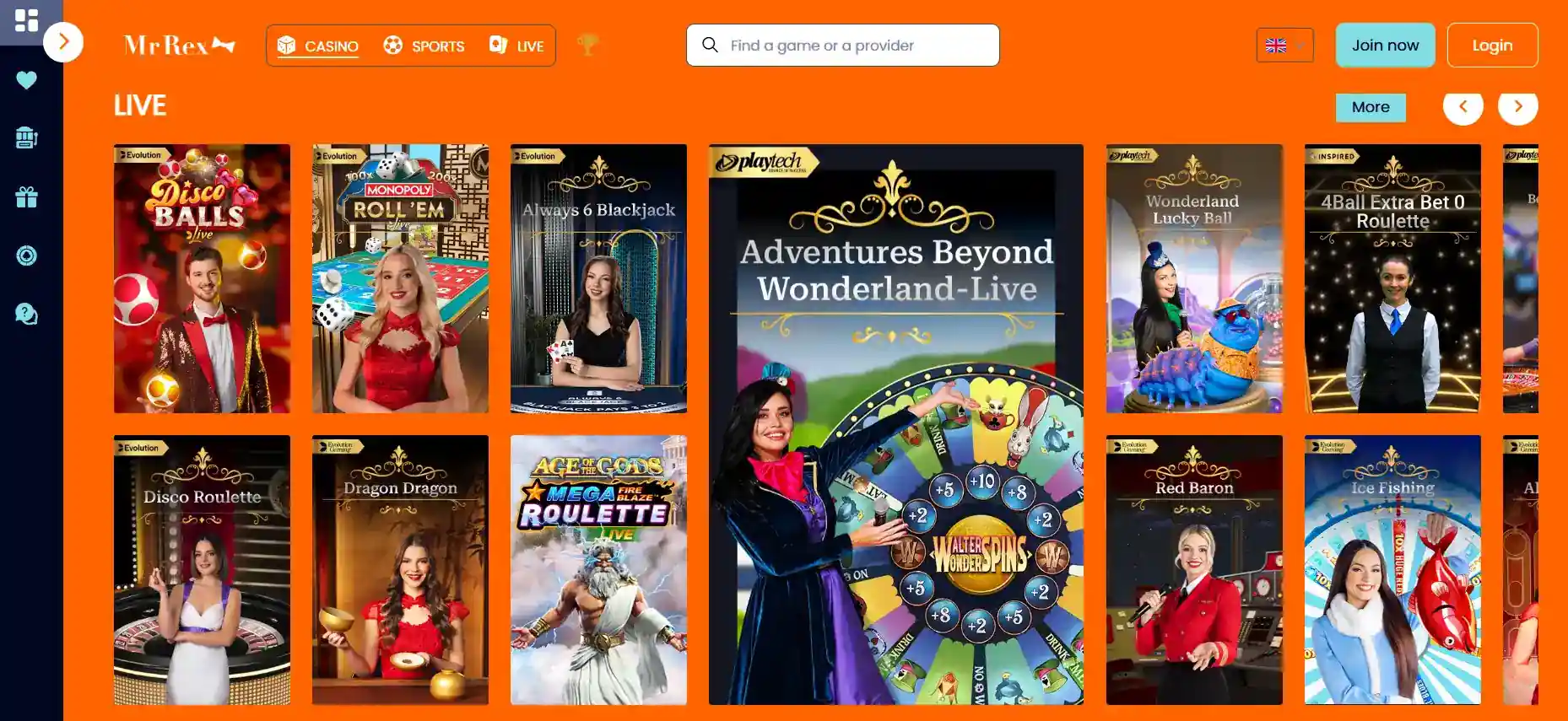 Current Mr Rex live casino lobby showing available live dealer categories