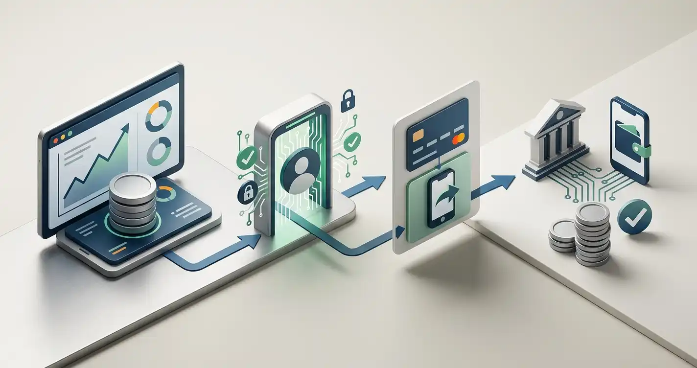 Illustration of a casino withdrawal moving through verification and payment stages