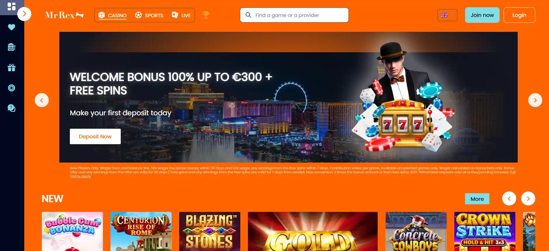 Current Mr Rex homepage or casino lobby view